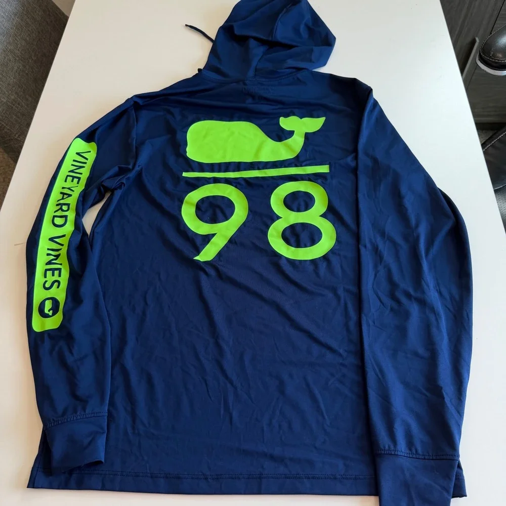 Vineyard Vines Performance Hoodie‎ Navy Blue Neon Green Logo Mens XS Long Sleeve